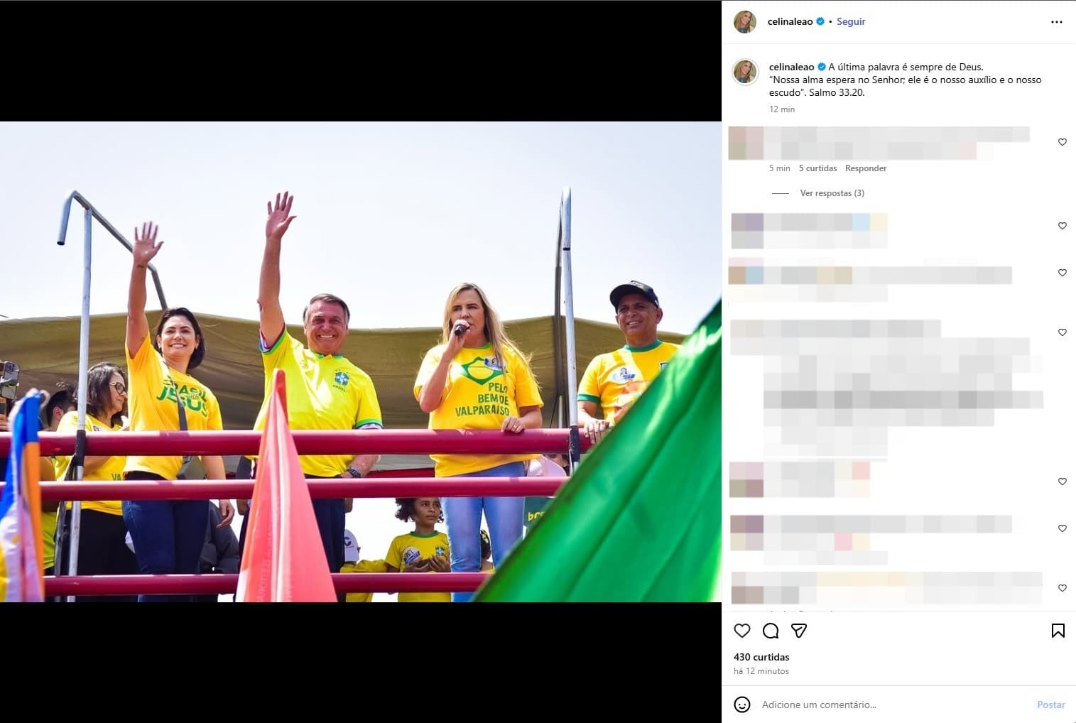 Vice do DF, Celina Leão publica foto com Bolsonaro e versículo; e recebe Michelle no aeroporto